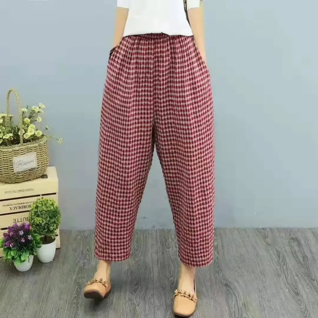 Cotton And Linen High Waist Harem Ankle-length Baggy Pants Artistic Plaid Loose Baggy Pants Women - Red