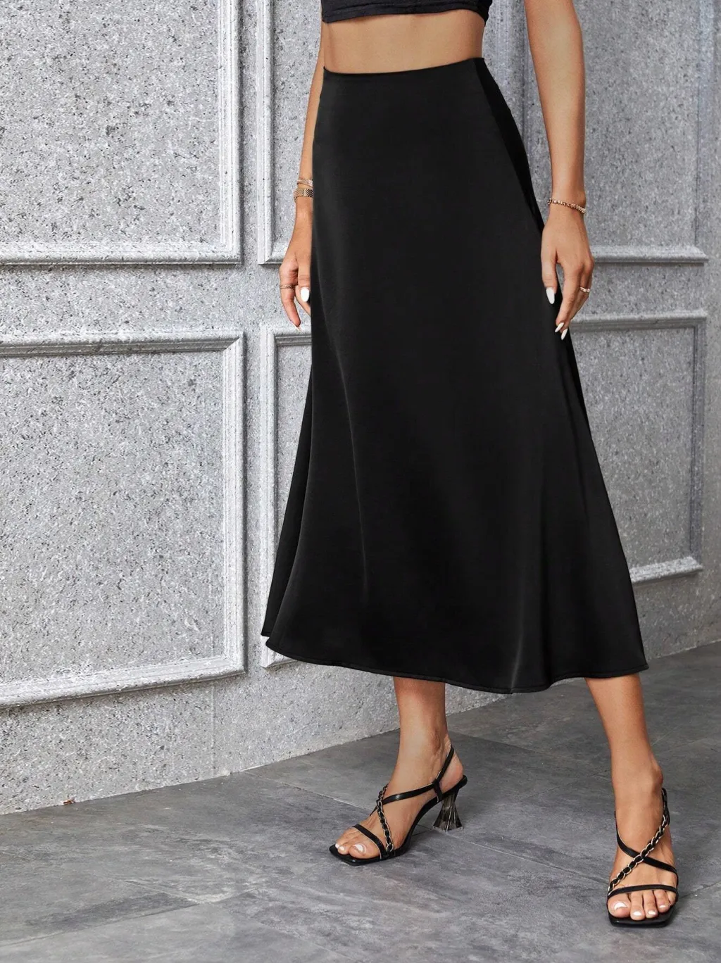 Women's Solid Color Loose Long Dress A- Line Skirt - Black
