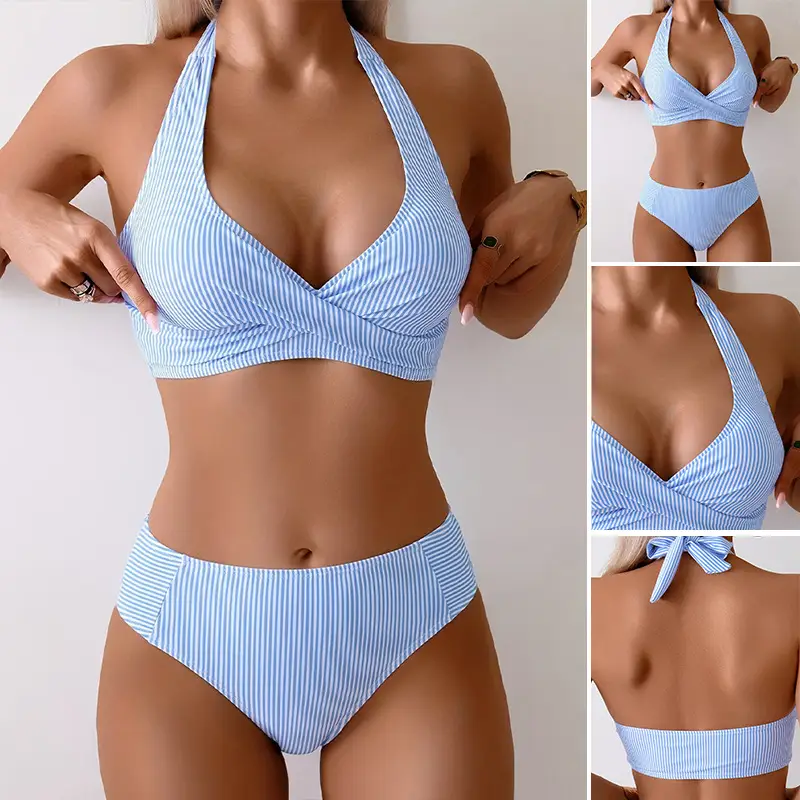 Striped One-piece Halter-top Swimsuit New-style Bikini For Women