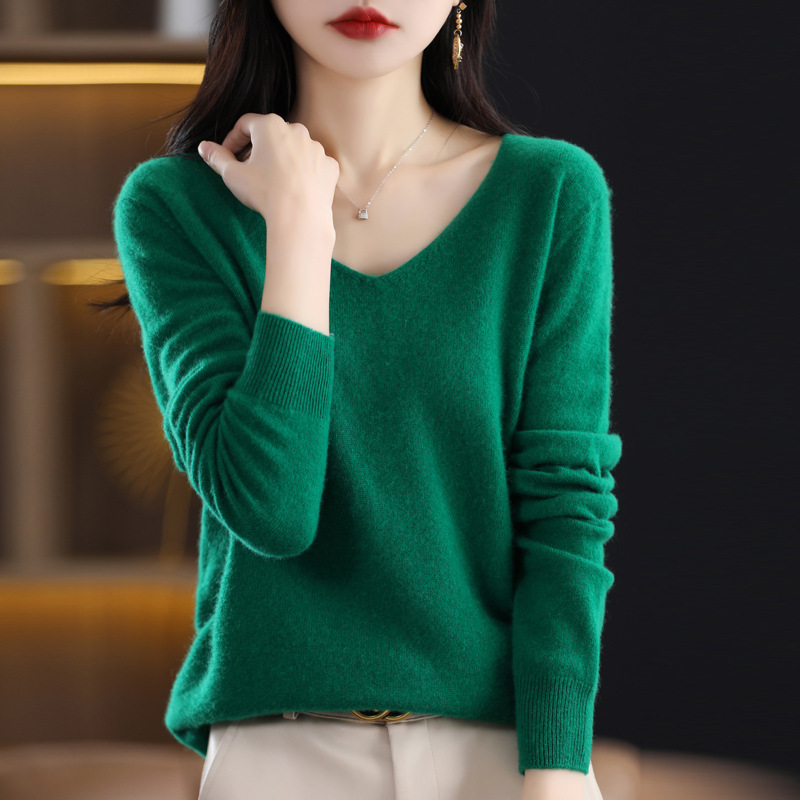Women's Knitted New V neck Pullover Sweater Wool Base Shirt Emerald - Shop at LoveMi