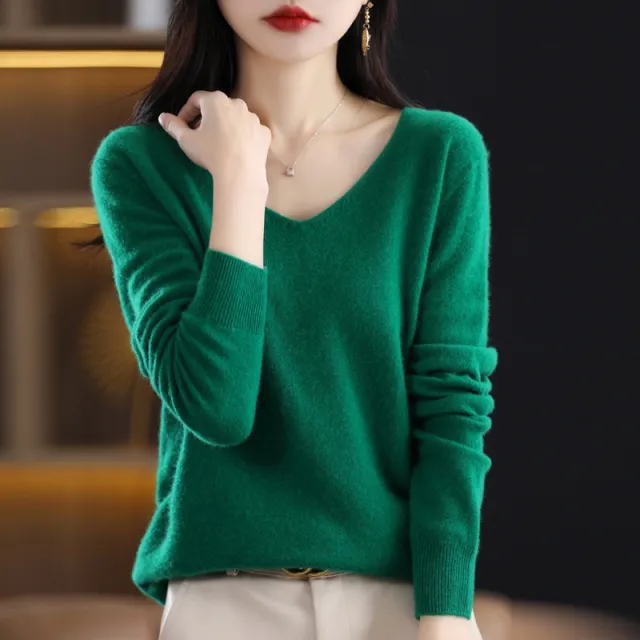 Women's Knitted New V neck Pullover Sweater Wool Base Shirt Emerald S - Shop at LoveMi