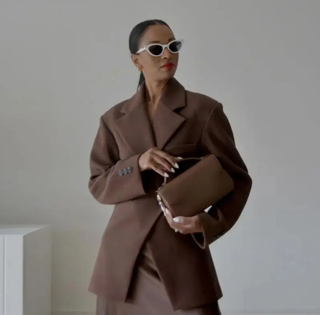 Lapel High Waist Slim Solid Color Buttons Suit Jacket - Brown
