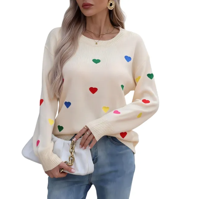 Love Jacquard Crew Neck Pullover Sweater Women Apricot - Shop at LoveMi