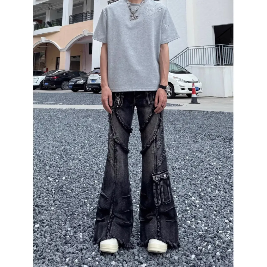 High Street Fan Color Jeans Women's Multi-pocket - Black And Gray
