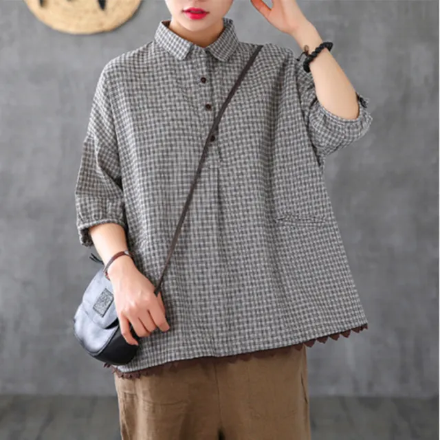 Retro Lace Loose Oversized Plaid Shirt Beige - Shop at LoveMi