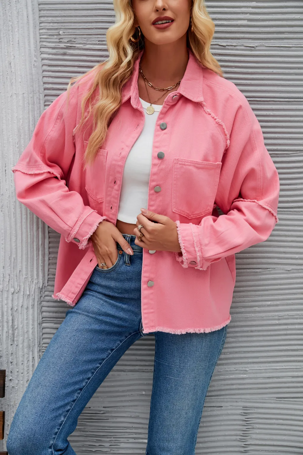 Women's Double-pocket Washed Long-sleeved Denim Coat - Pink