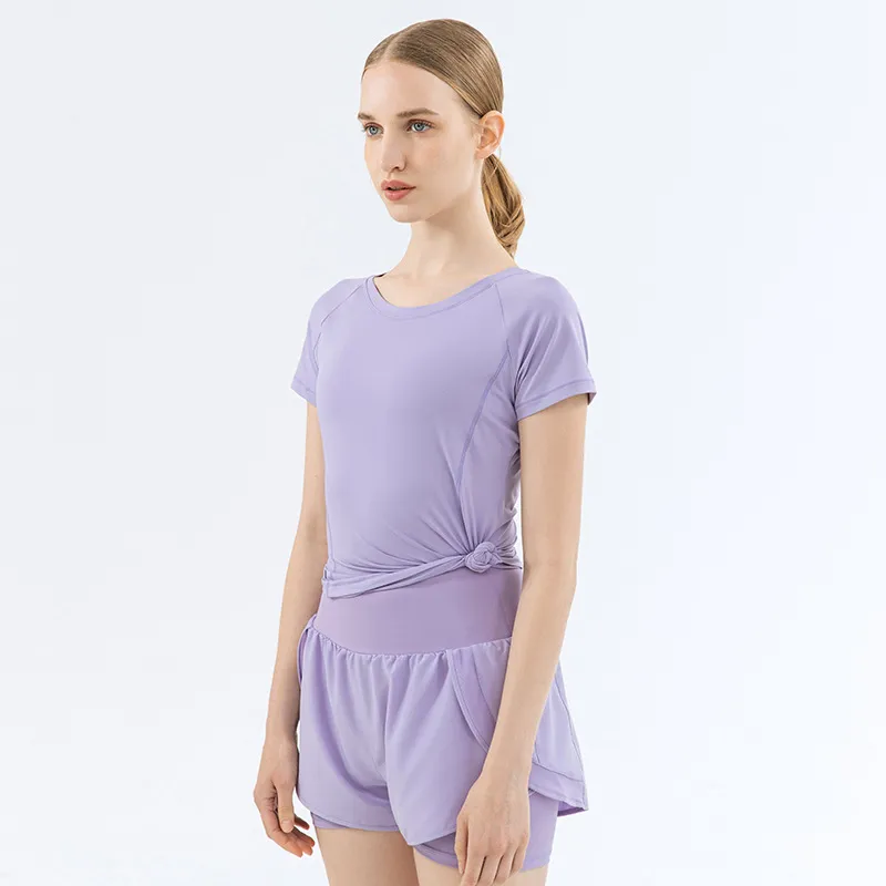 Mesh Stitching Yoga Short-sleeved Sports T-shirt Women's Round Neck Top - Lavender Purple