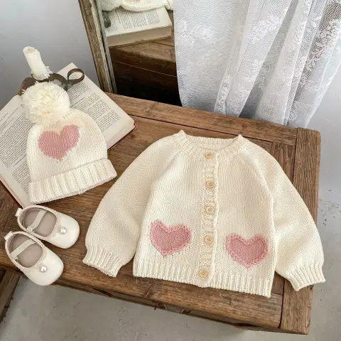 Fashionable Sweet Cardigan Hat Baby Love Kids' Sweater Wear