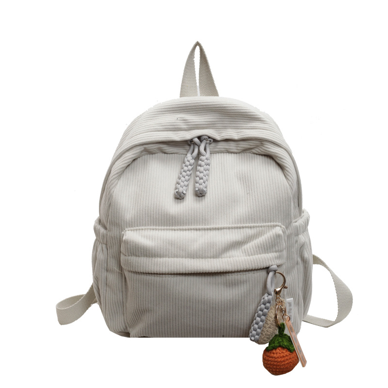 Fashionable Corduroy Student Backpack Compact Travel Daypack Beige Without Pendant