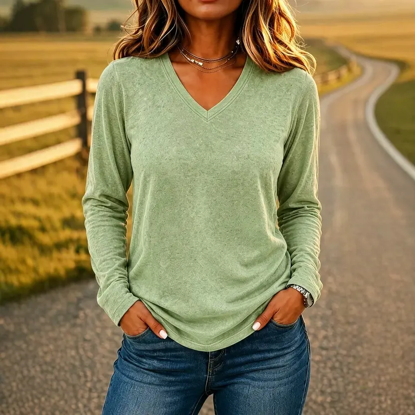 Leisure Pullover V-neck Solid Color Loose Long