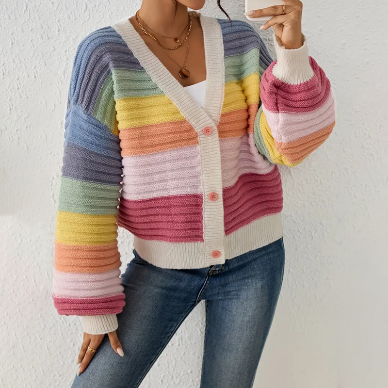 V Neck Sweater Knitted Top With Rainbow Stripes And Single Breasted Buttons Womens Outerwear