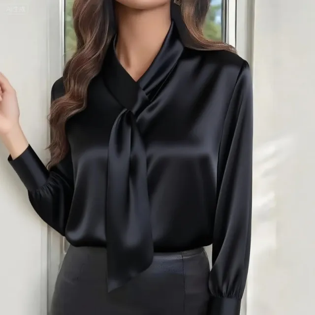 Autumn Solid Color Fashion Design Sense Streamer Long Sleeve Shirt Women's Clothing Black - Shop at LoveMi