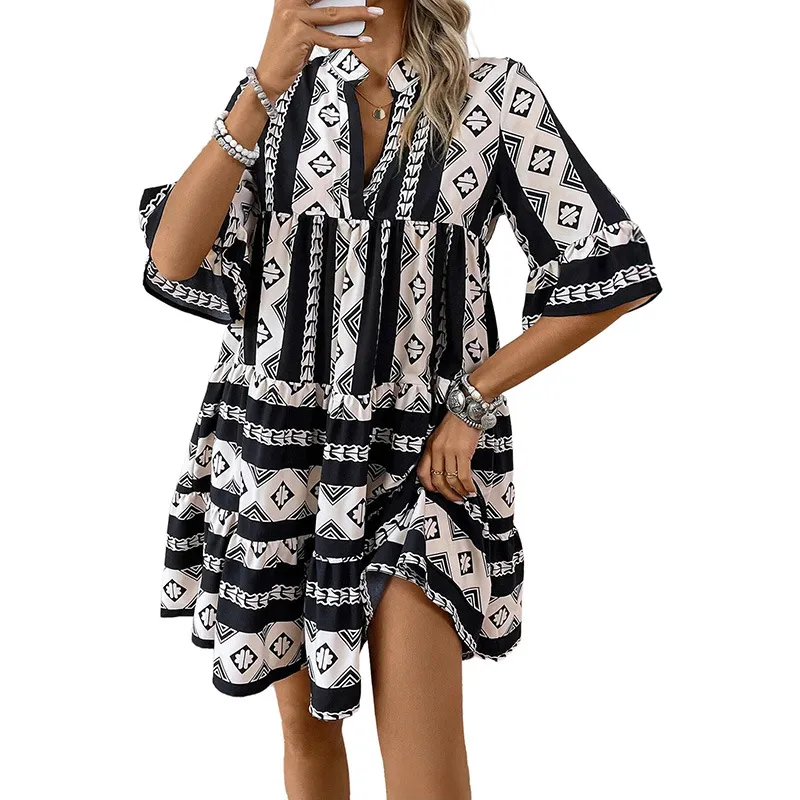 Loose High Waist Layered Short Skirt Women's Stitching Short Sleeve Dress - Lc6121436 Black
