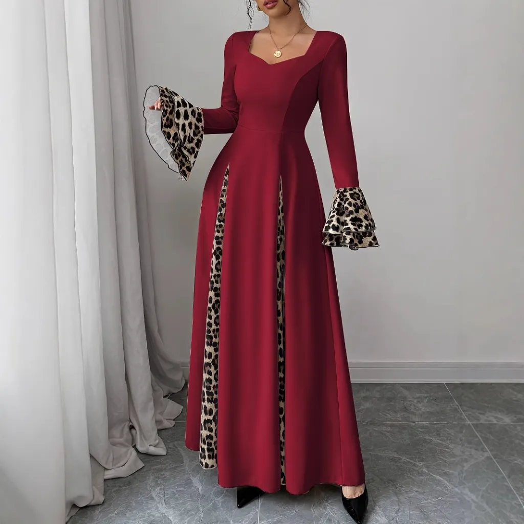 European And American Women's Clothing Leopard Print Contrast Color Long Dress - Leopard