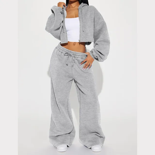 European And American Hooded Front Cardigan Zipper Sweater Wide Leg Loose Trousers Suit Light Gray - Shop at LoveMi