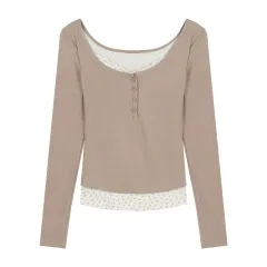 Lace Low-necked Underwear Blouse Short Inner Wear Top - Coffee - View 1