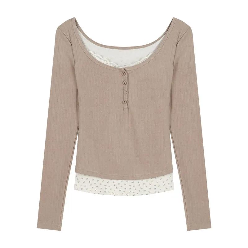 Lace Low-necked Underwear Blouse Short Inner Wear Top - Coffee