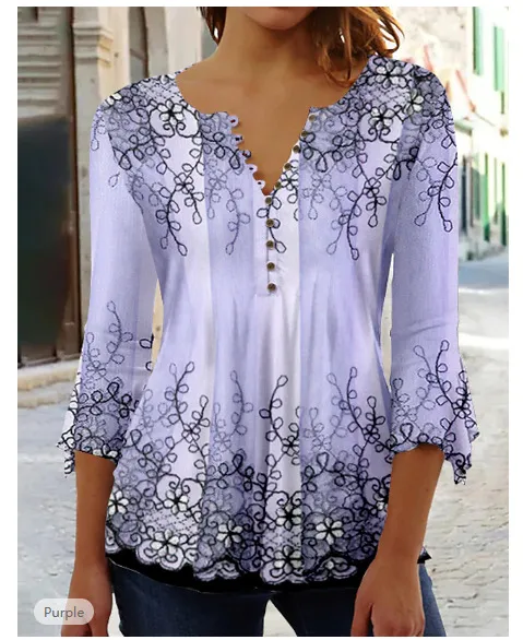 Fashion Flower Printed V neck Three quarter length sleeved T shirt Element 2 3Xl - Shop at LoveMi