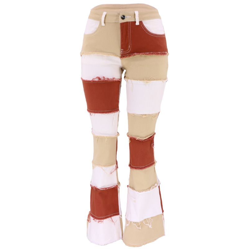 Flow Fashion Patchwork High Waist Tight Hip Horn Women's Denim Trousers Khaki - Shop at LoveMi