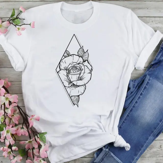 T shirt Women's Printed Short Sleeve Datura Flower Floral Print White Round Neck J25615 - Shop at LoveMi