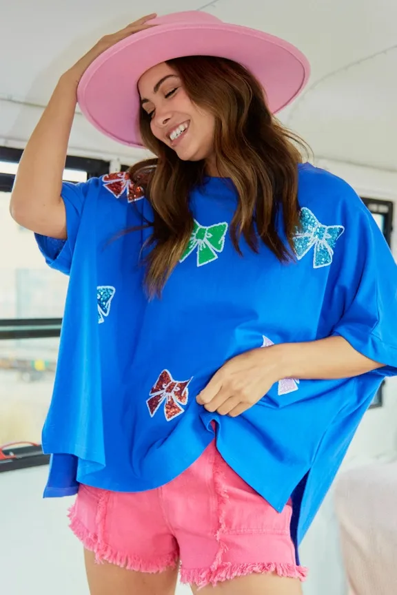 Bow Sequined Top Loose Women Blue - Shop at LoveMi