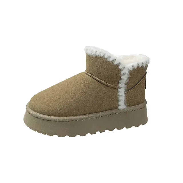 Fleece lined Short Snow Boots Female Suede Round Toe Brown - Shop at LoveMi