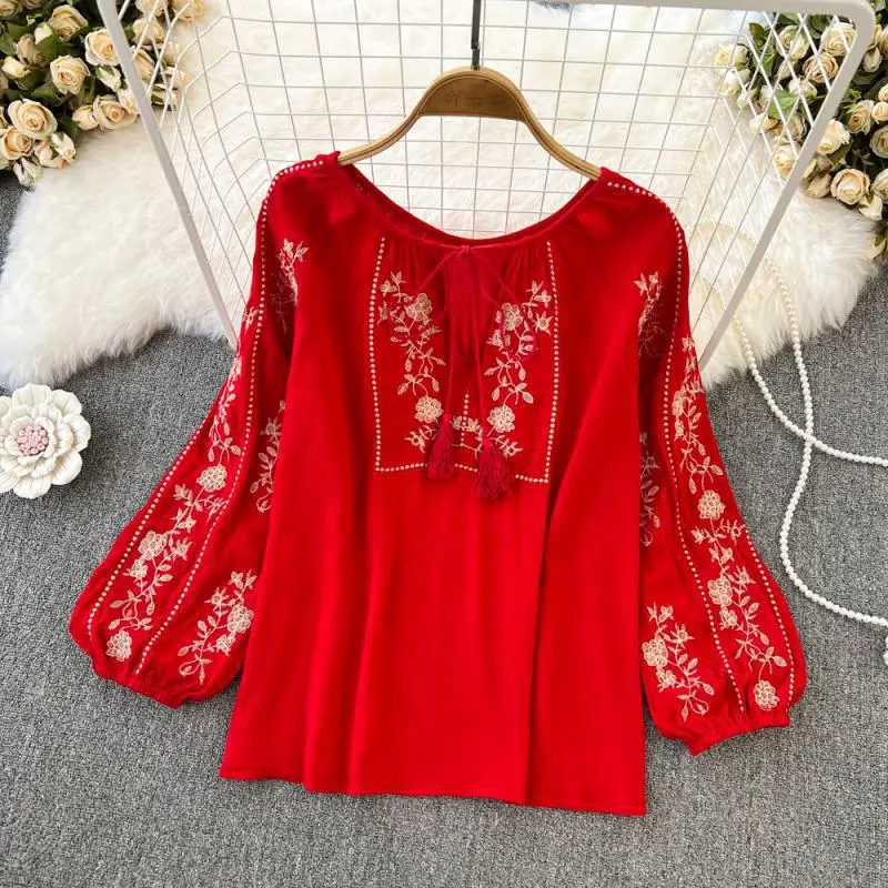 Retro Ethnic Style Temperament Long Sleeve Round Neck Pullover Embroidery Loose Shirt - Red