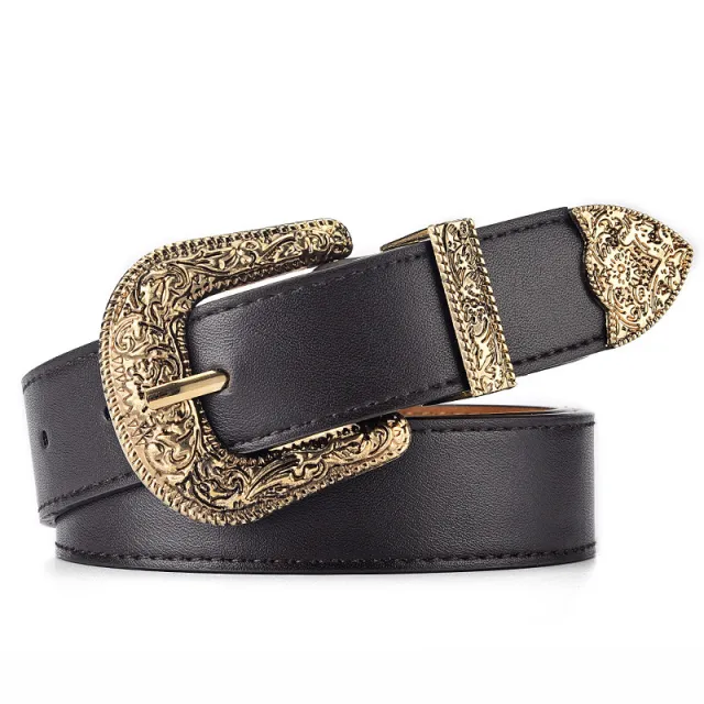 Fashion Retro All match Carved Buckle European And American Belt Gold Buckle Brown - Shop at LoveMi