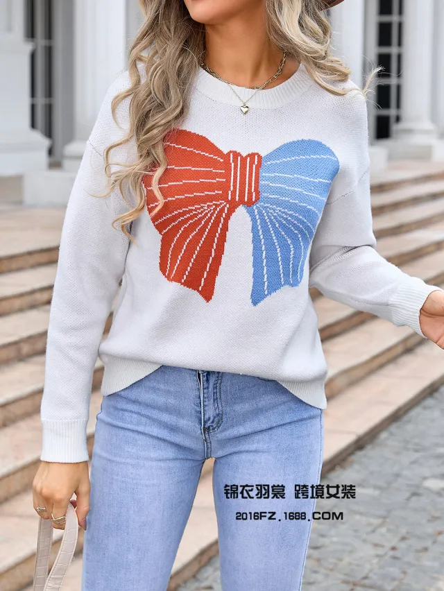 Women's Sweater Bowknot Color Matching Knitted White - Shop at LoveMi