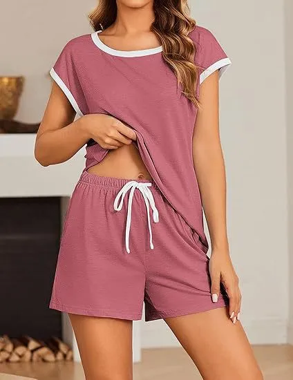 Short Sleeve Color block Crew Neck Top Waist Drawstring Suit Peach - Shop at LoveMi