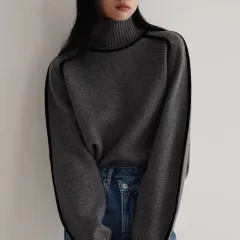 Autumn And Winter Half Turtleneck Three-dimensional Casual Loose Pullover Knitted Sweater Fashion Knit Top Outerwear - Grey - View 1