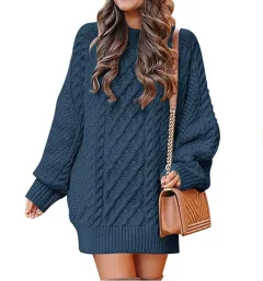 Women's Round Neck Long Sleeve Twisted Knitted Mid-length Dress Sweater - Blue - View 1