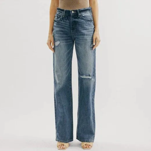 European And American Ins Retro Style High Waist Jeans Wide Leg Ripped - Blue