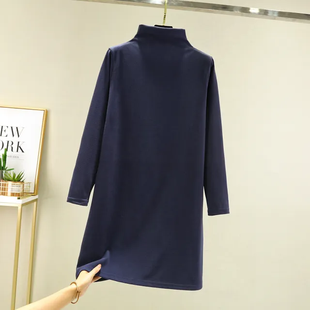 Loose Casual Long Sleeves Half high Collar Inner Match Mid length Dress Blue - Shop at LoveMi