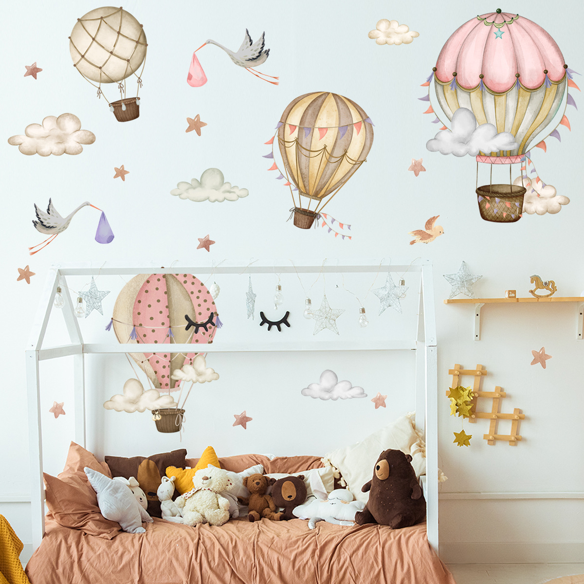 Title 1, Cartoon Hot Air Balloon Clouds Wall Sticker Bac...