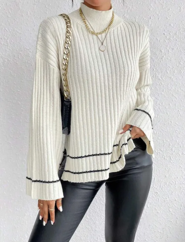 Casual Patchwork Contrast Color Loose Long Sleeve White - Shop at LoveMi