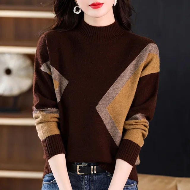 Women's Half Turtleneck Loose fitting Versatile Sweater Color Matching Knitted Bottoming Shirt Brown - Shop at LoveMi