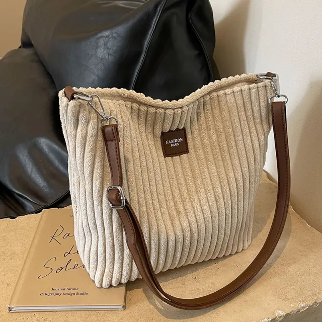 Versatile Large Capacity Corduroy Soft Surface Crossbody Shoulder Bag Beige - Shop at LoveMi