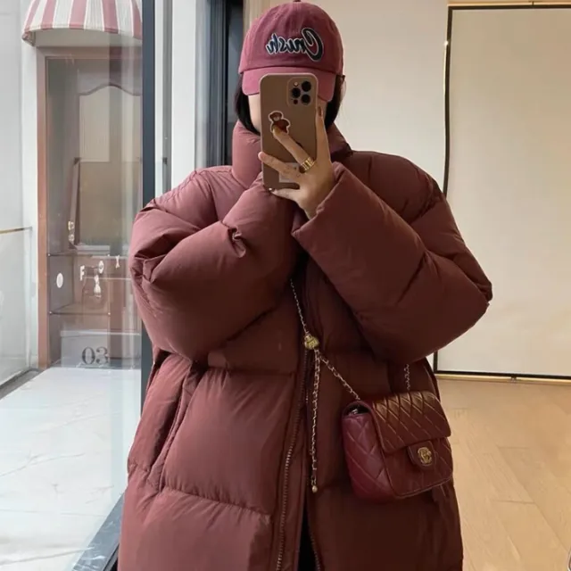 Plus Size Loose Long Versatile Parka Cotton Coat Jacket Wine Red - Shop at LoveMi