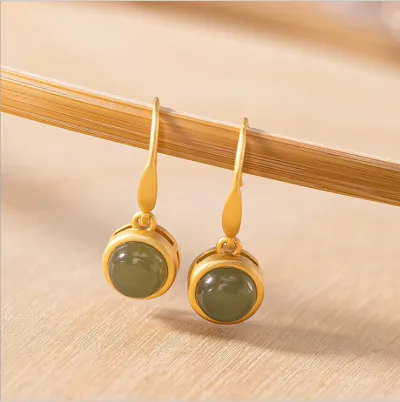 Sterling Silver Gold Plated Hetian Jade Exquisite Earrings Simple Fashion Gold Earrings