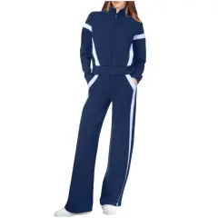 Stand Collar Long Sleeve Stitching Women's Sweater Suit - Dark Blue - View 1