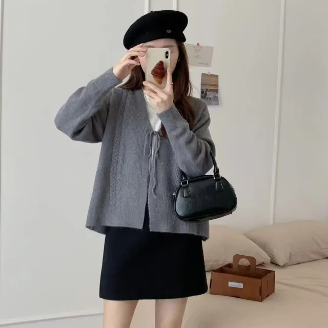 Lace up V neck Sweater Cardigan Women Loose Oversized Cable Knit Gray - Shop at LoveMi