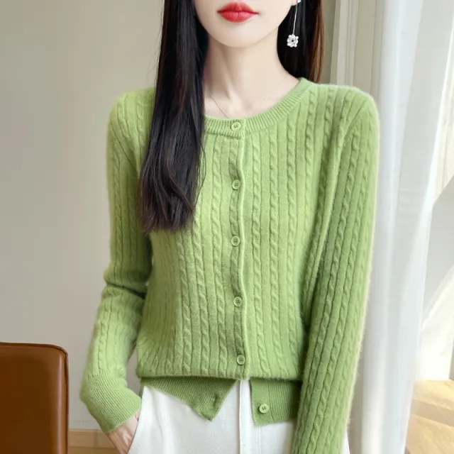 Women's Round Neck Wool Cardigan Twisted Wool Sweater Fruit Green - Shop at LoveMi