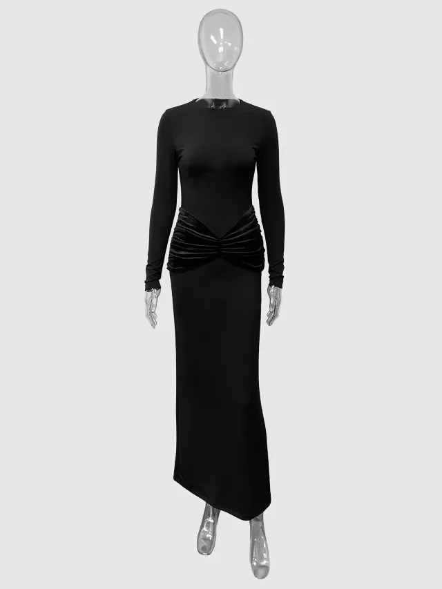 Womens Elegant Long Sleeve Knot Details Patchwork Bodycon Dress Black - Shop at LoveMi