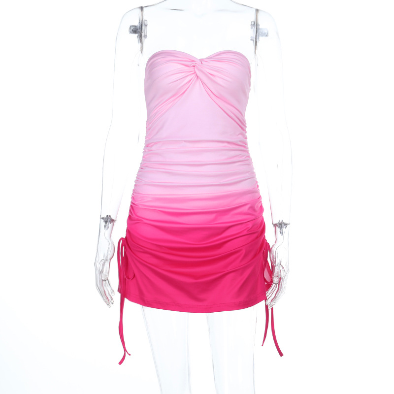 Mesh Gradient Tube Top Slimming Pleated Dress Pink - Shop at LoveMi