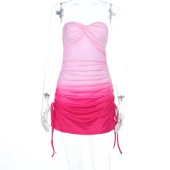 Mesh Gradient Tube Top Slimming Pleated Dress - Pink - View 1