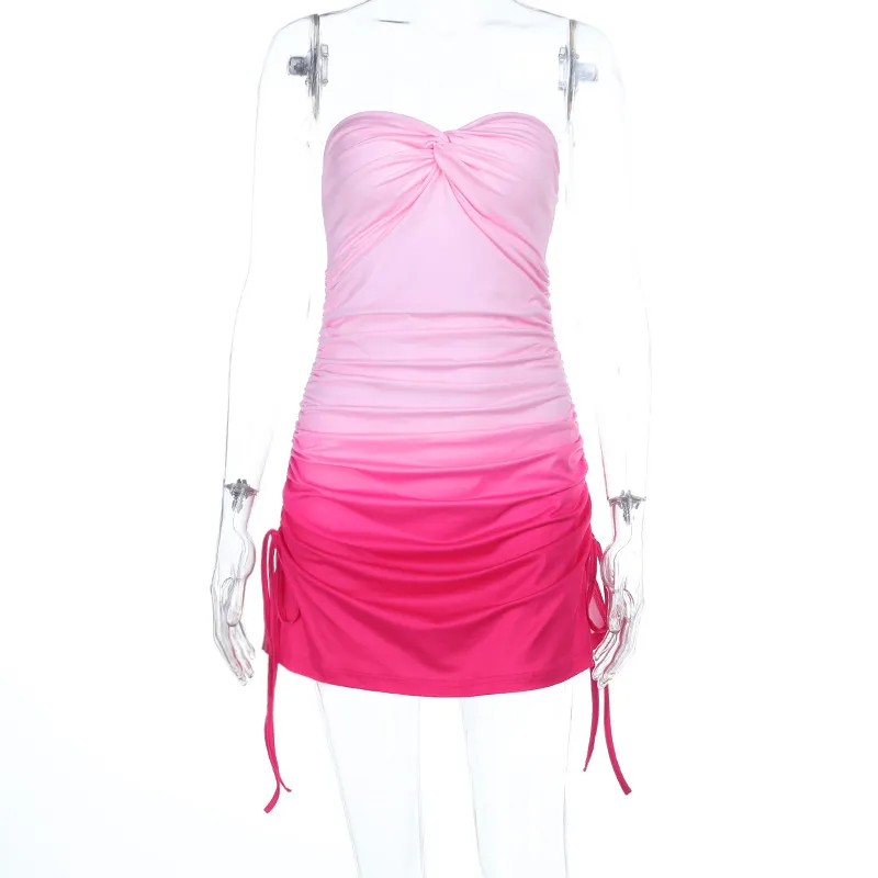 Mesh Gradient Tube Top Slimming Pleated Dress - Pink