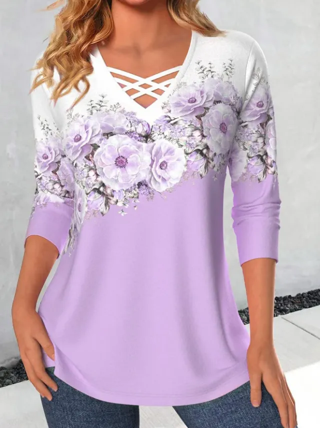 Women's V neck Flower Print Long sleeved T shirt Violet Xxl - Shop at LoveMi