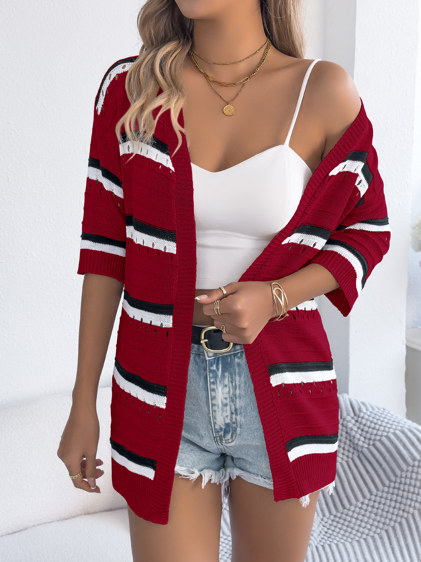 Womens Casual Striped Hollowed-Out Knitted Top With Three-Quarter Sleeves