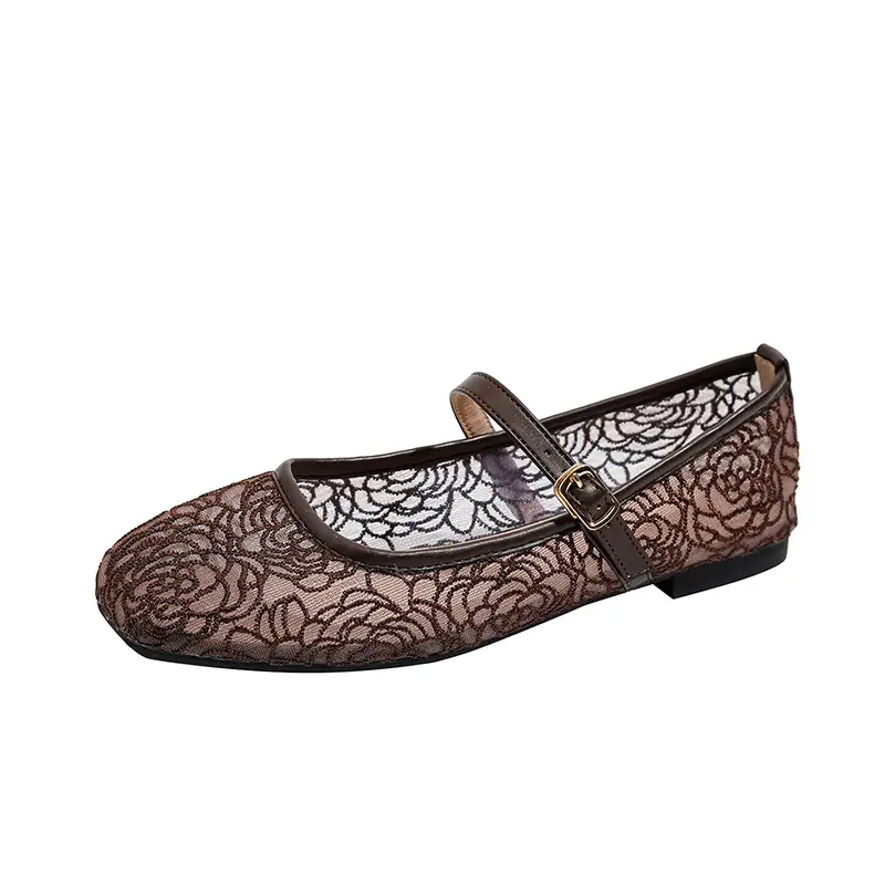 Embroidered Mesh Peep-toe Breathable Square-toe Low-cut Flats